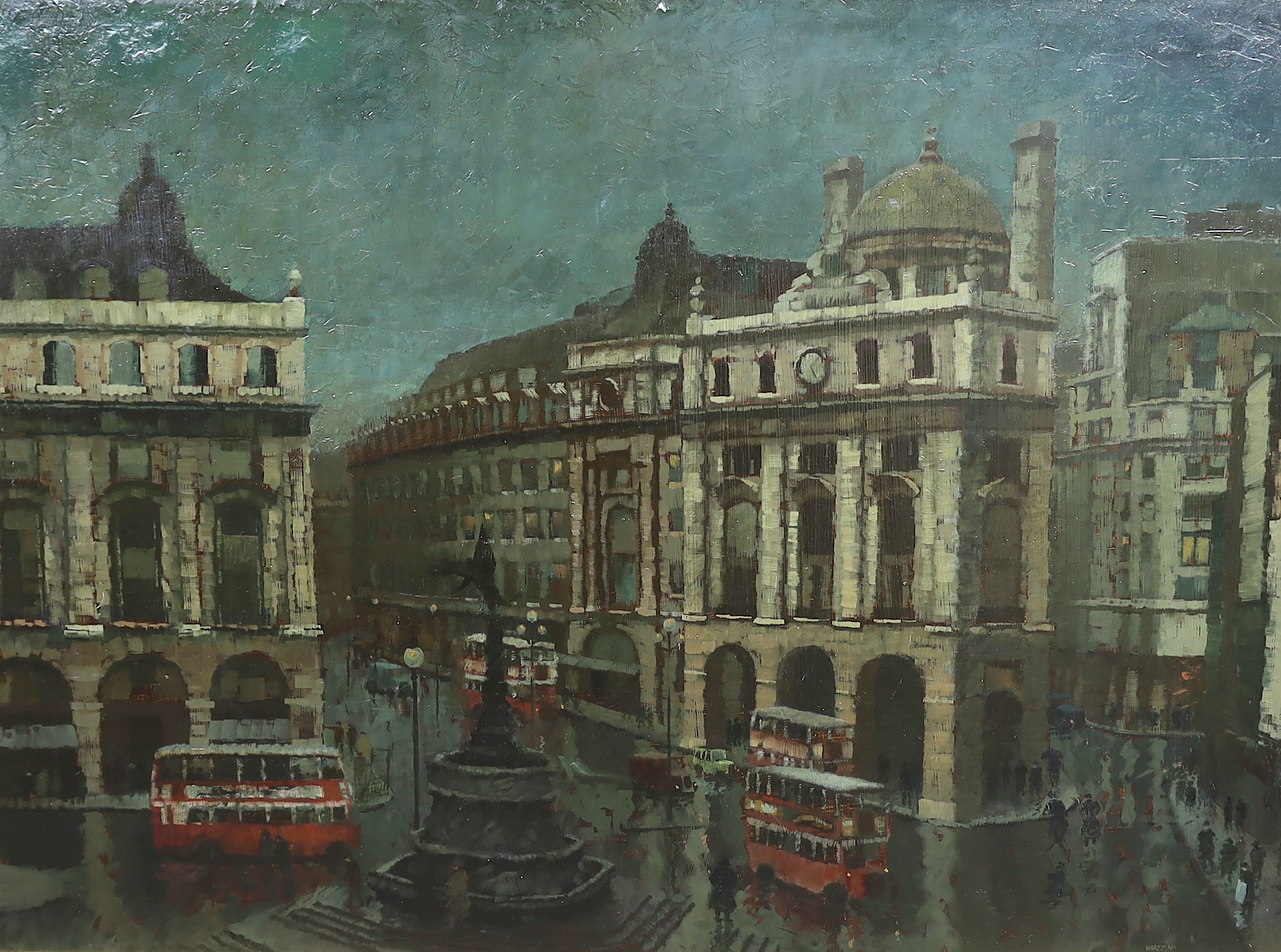 Harold Workman (English, 1897-1975), 'Nocturnal view of Piccadilly Circus', oil on board, 72 x 99cm